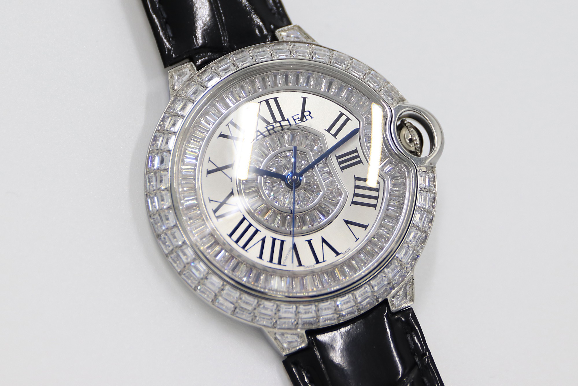 Cartier Blue Balloon Square Diamonds Full Sky Watch-Roman Numerals-White-Leather-42mm(1:1 replica)