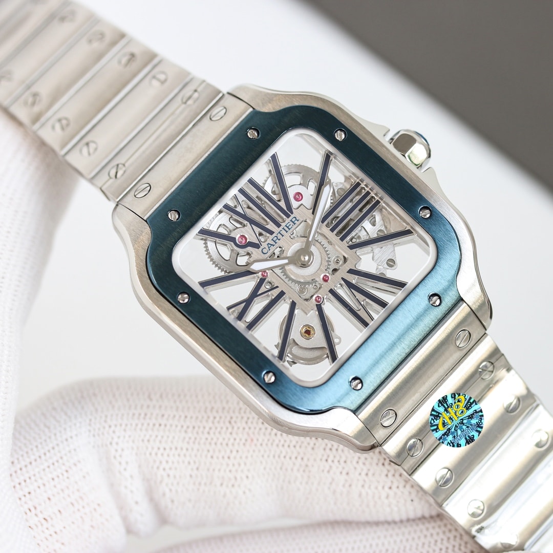 Fake Cartier Watch Santos large model mechanical movement with manual winding caliber Steel Blue Skeleton Dial WHSA0026 TWF(1:1 replica)