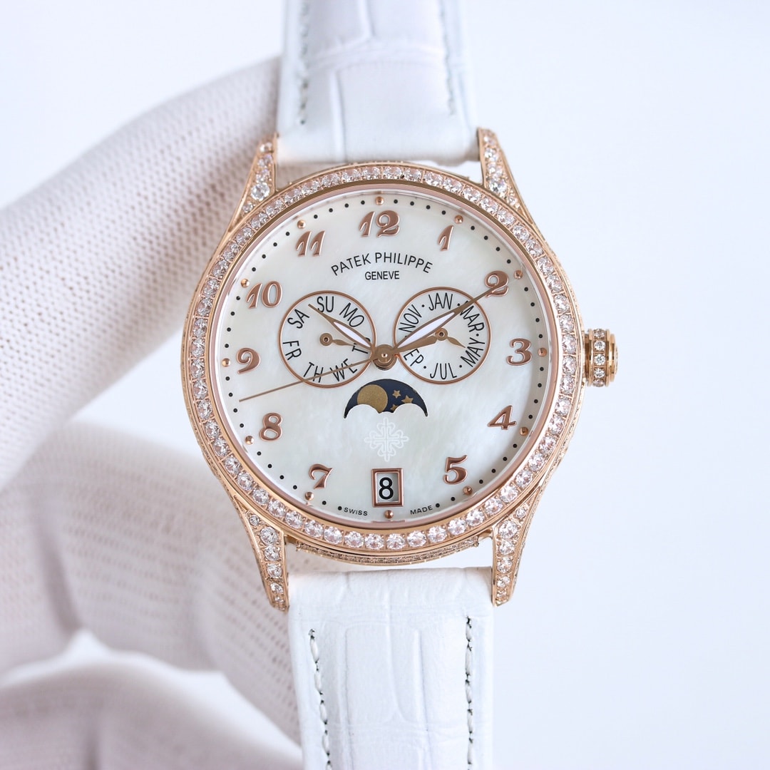 Fake Diamond Watch Patek Philippe Replica 4937R-001 Complications Ladies Annual Calendar Moon Phase 37mm White Mother of Pearl Arabic Rose Gold Diamond Set Leather Date(1:1 replica)