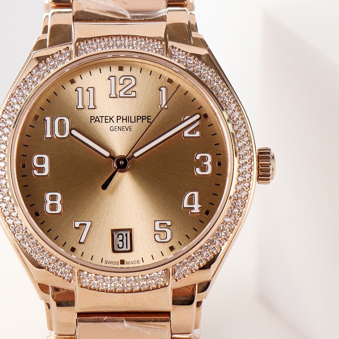 Fake Diamond Watch Replica Patek Philippe Twenty~4 Ladies Rose Gold Brown Sunburst 7300/1200R-001(1:1 replica)