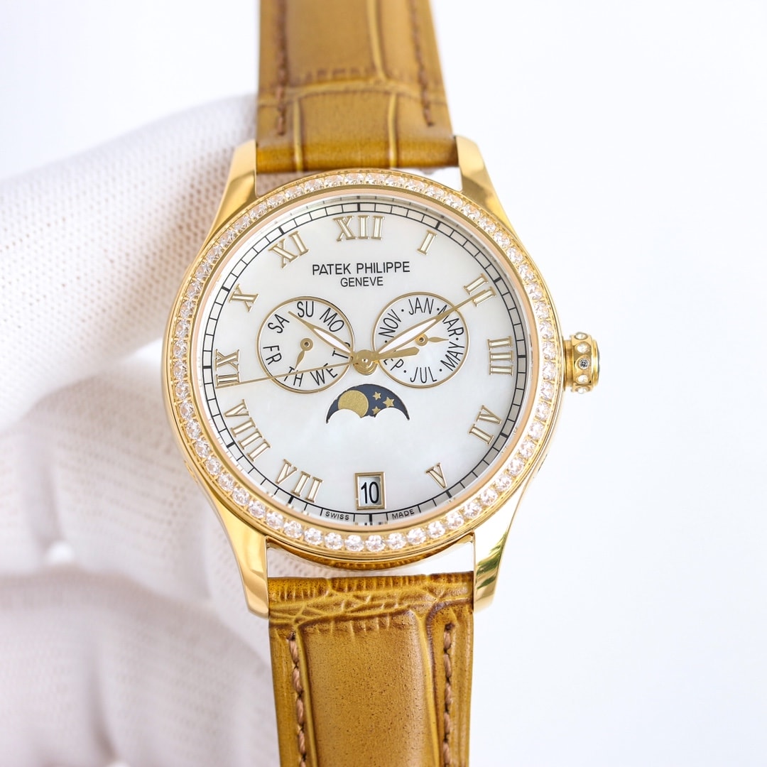 Fake diamond Watch Patek Philippe Replica 4936J-001 Complications Ladies Annual Calendar Moon Phase 37mm White Mother of Pearl Roman Diamond Bezel Yellow Gold Leather Date(1:1 replica)