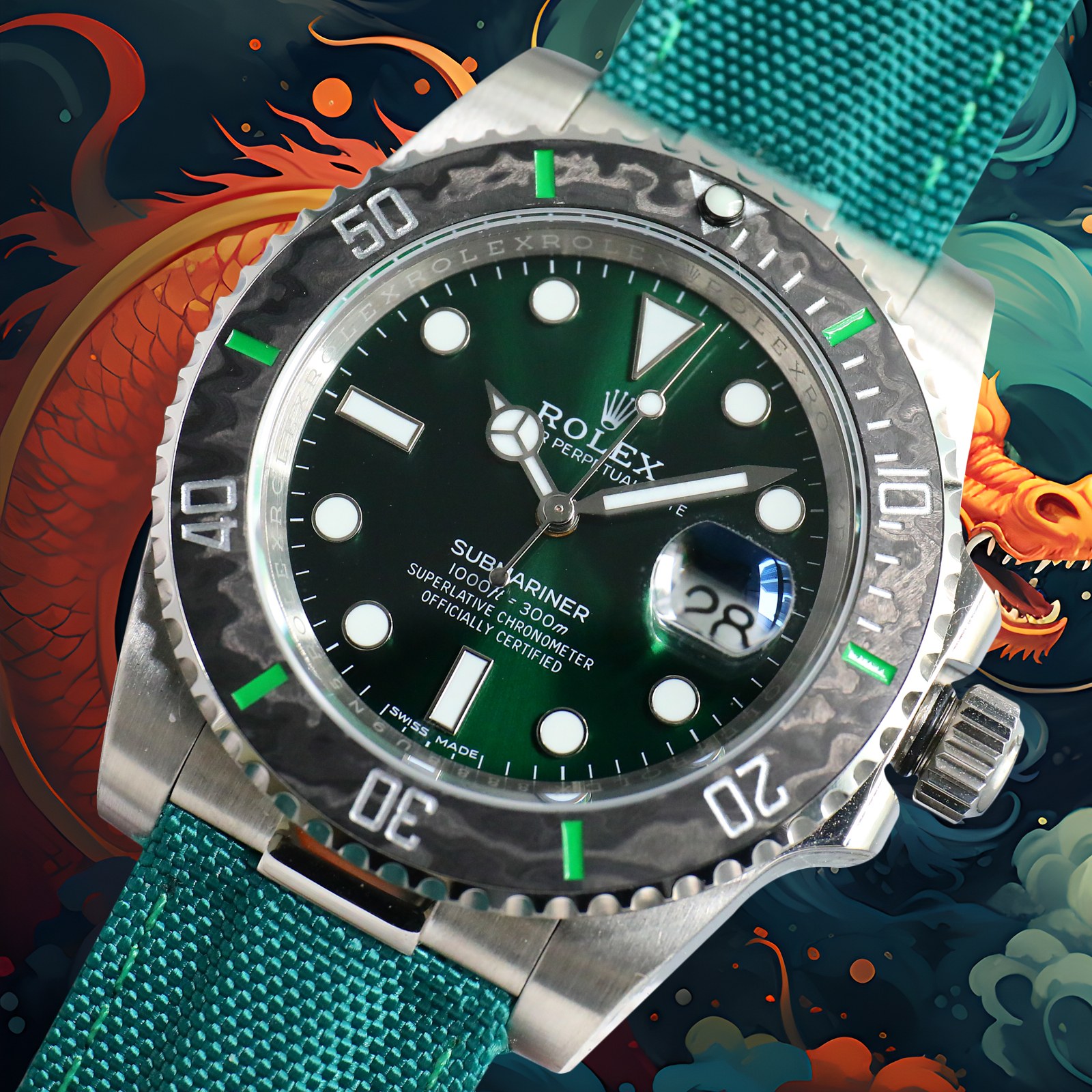 ROLEX Year of the Dragon Auspicious 🔥 🔥 Submariner Carbon Fiber Bezel - Velcro Strap - Green(1:1 replica)