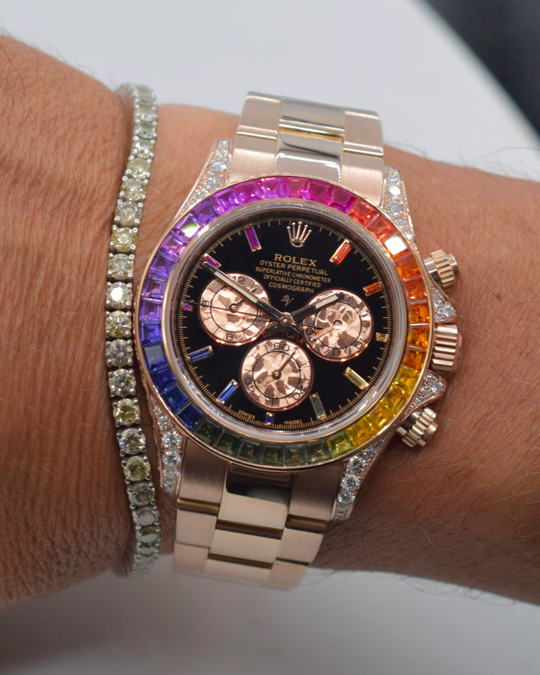 Rolex Daytona Rainbow 116595RBOW: Black Dial, Diamond Bezel, Oyster Bracelet, Rose Gold Watch(1:1 replica)