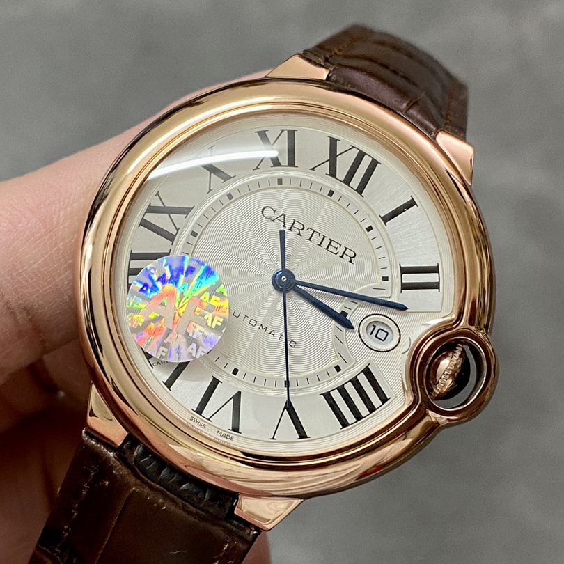 Fake Cartier Watch Ballon Bleu de Rose Gold 42mm Silver Dial Leather Strap WGBB0030 AF(1:1 replica)