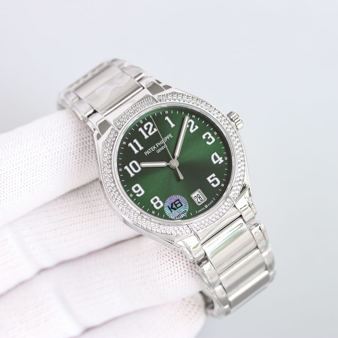 Fake Diamond Watch For Women Patek Philippe Replica Twenty~4 Ladies Stainless Steel Olive Green Dial 7300/1200A-011(1:1 replica)