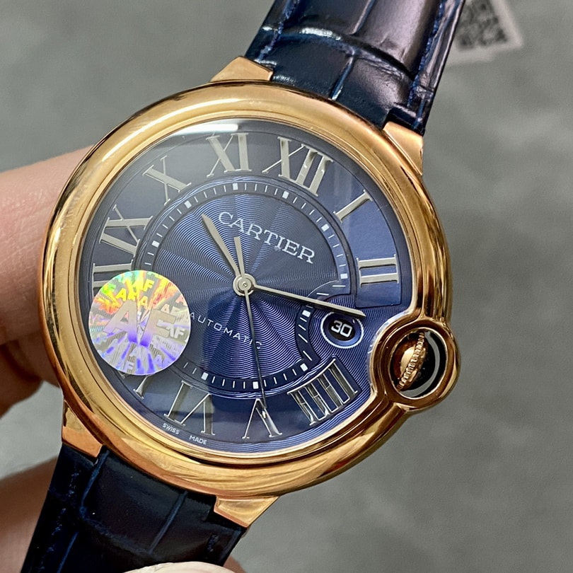 Ballon Bleu De Fake Cartier Watch Rose Gold 42mm Blue Dial Leather Strap WGBB0036 AF(1:1 replica)
