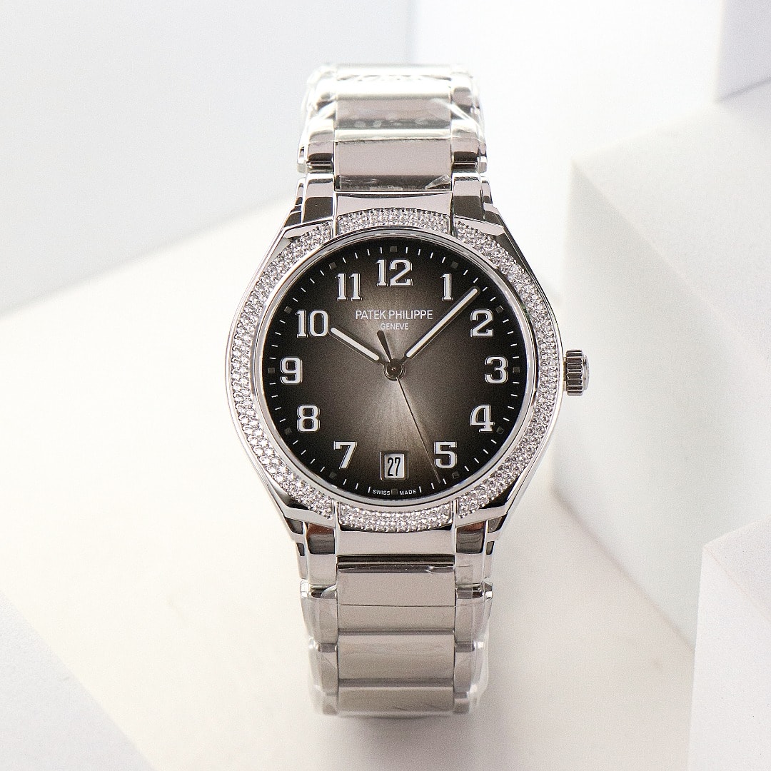 Fake Diamond Watch Replica Patek Philippe Twenty~4 Ladies Stainless Steel Grey Sunburst Dial 7300/1200A-010(1:1 replica)