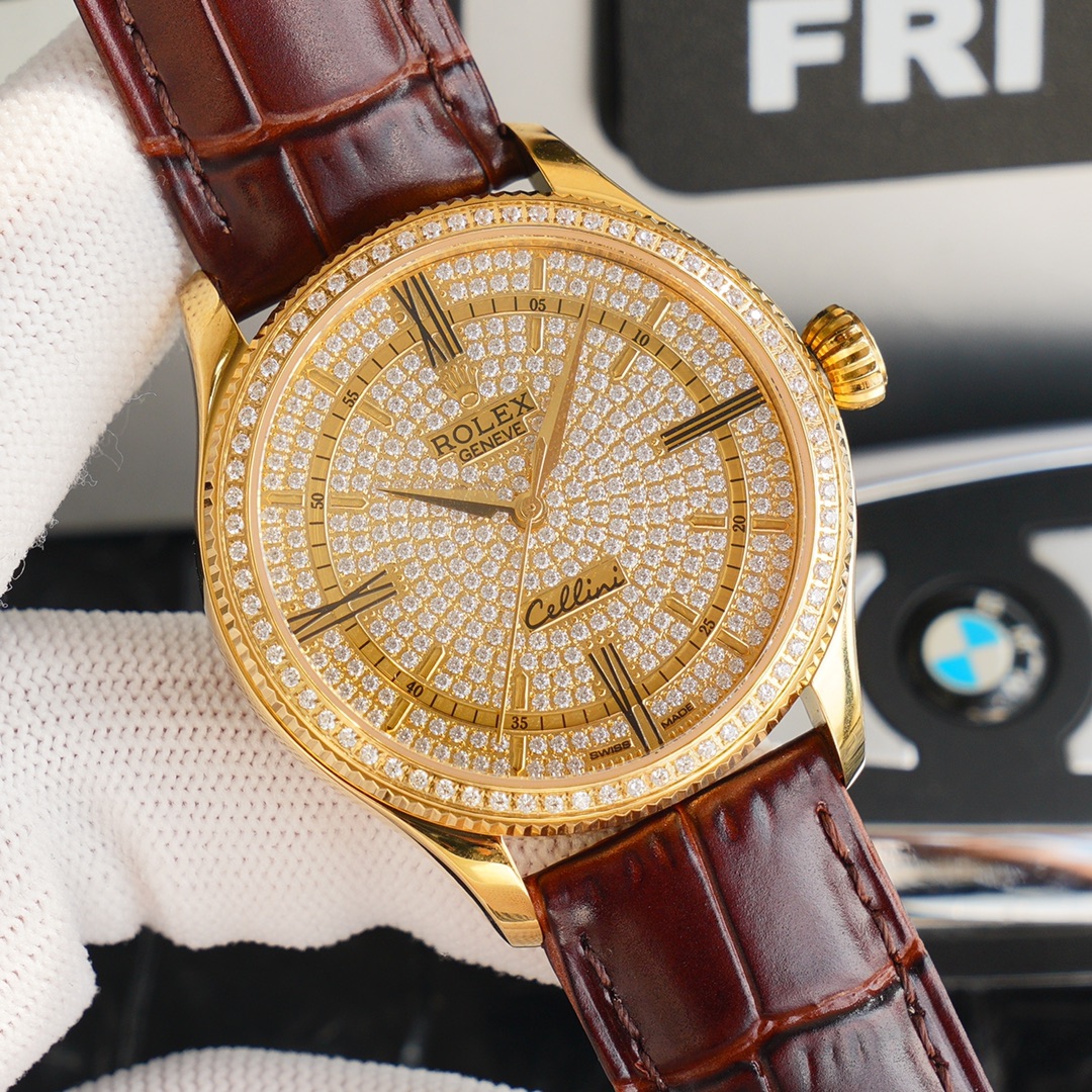 Rolex Cellini Full Star Collection-39.5mm-Imported Italian cowhide leather(1:1 replica)