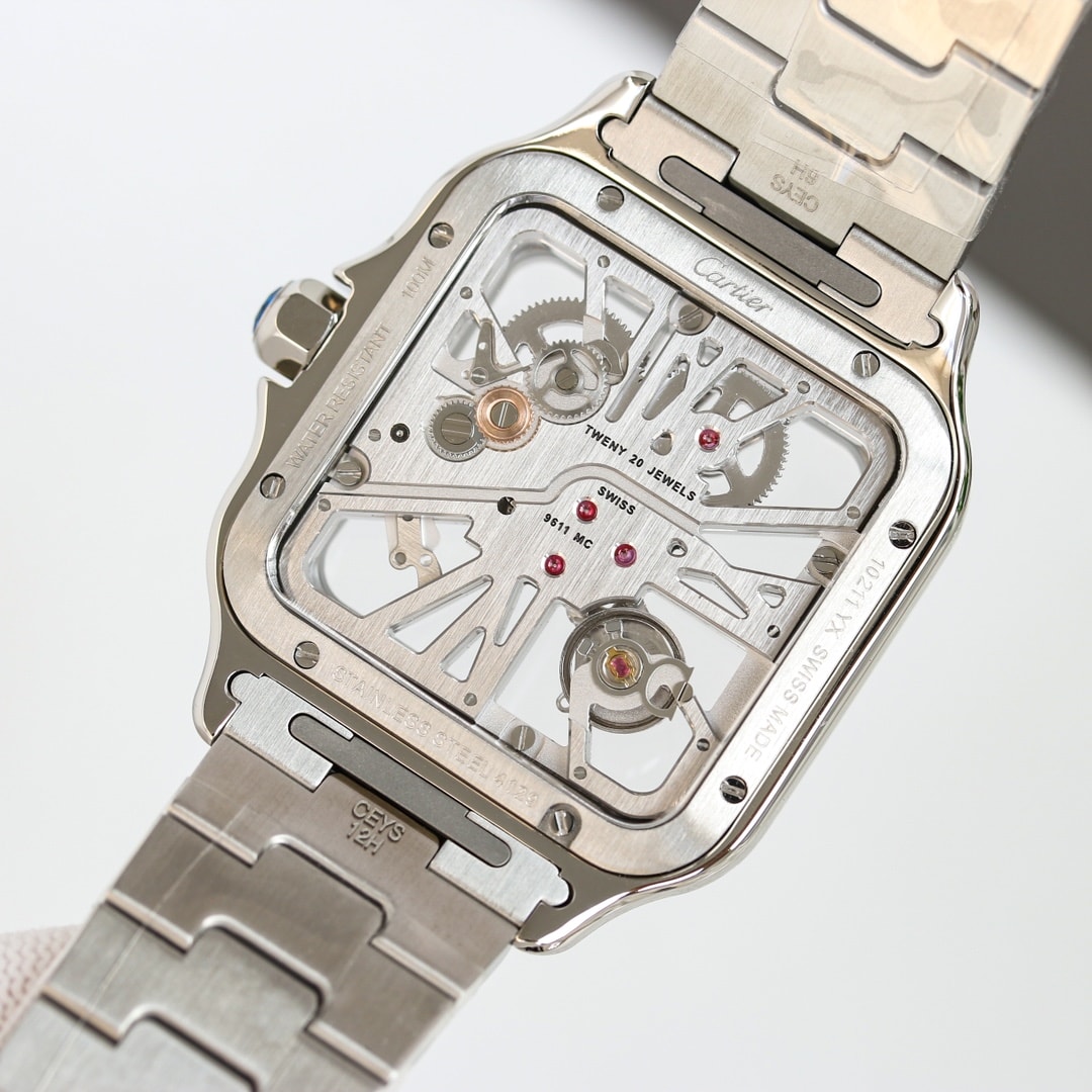 Fake Cartier Watch Santos large model mechanical movement with manual winding caliber Steel Blue Skeleton Dial WHSA0026 TWF(1:1 replica)