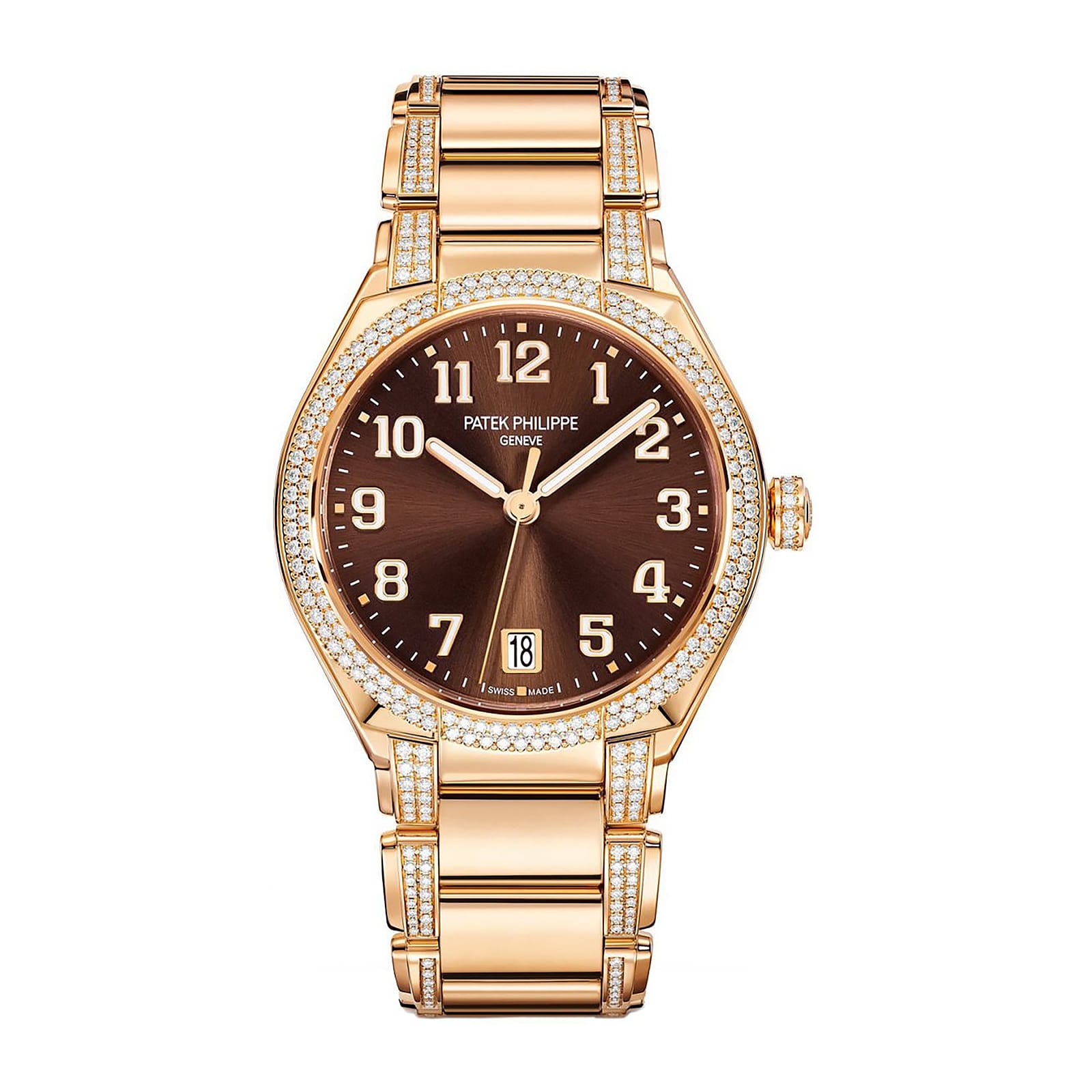 Fake Diamond Watch Replica Patek Philippe Twenty~4 Ladies Rose Gold/Diamonds Brown Dial 7300/1201R-010(1:1 replica)