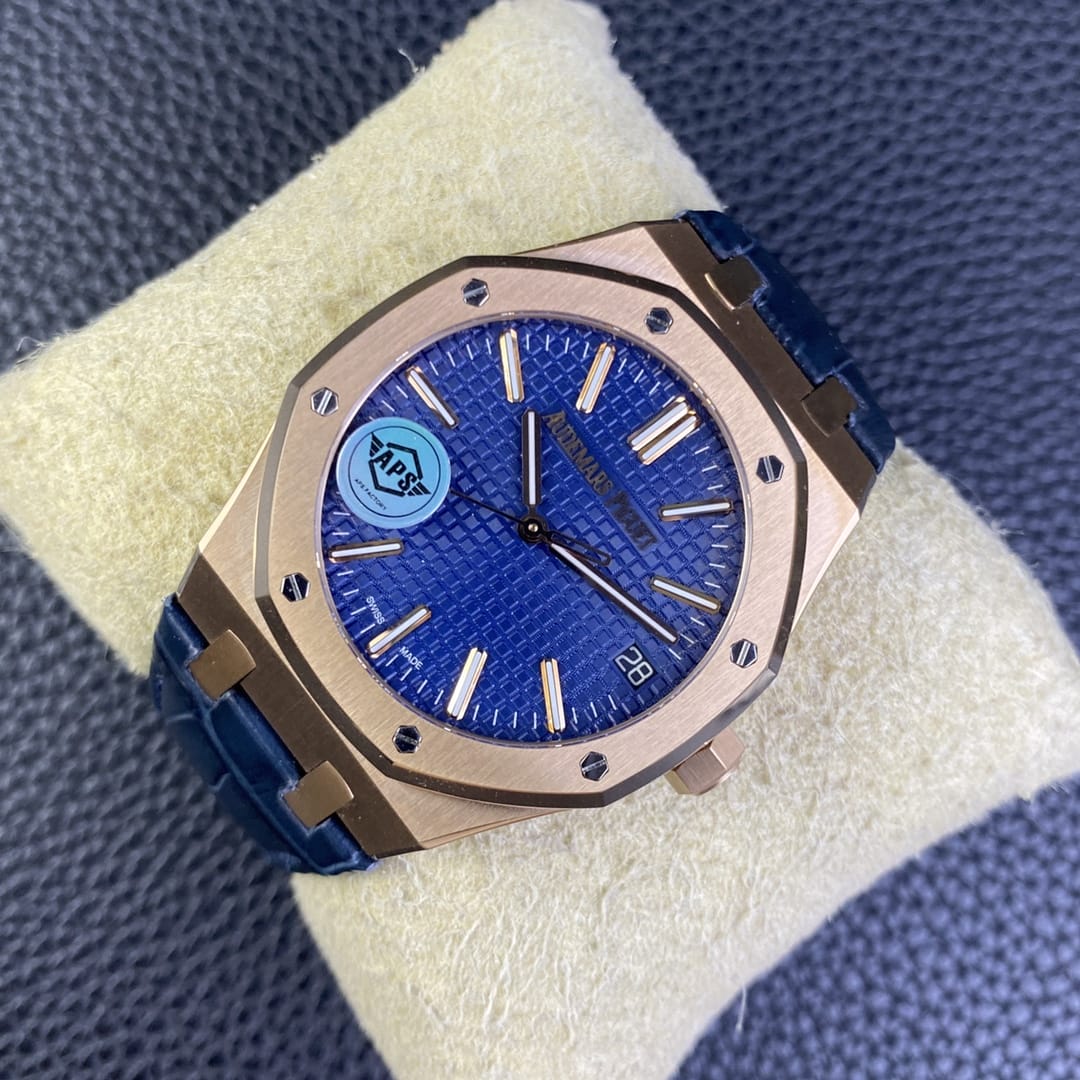Audemars Piguet Replica AP Watch Royal Oak Selfwinding “50th Anniversary” 41mm Rose Gold Blue Dial Leather Strap 15510OR.OO.D315CR.01-APS(1:1 replica)