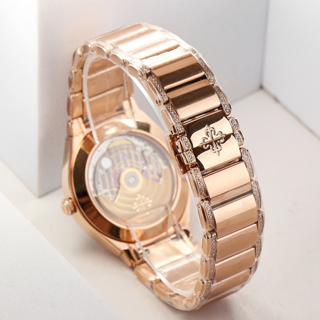 Fake Diamond Watch Replica Patek Philippe Twenty~4 Ladies Rose Gold/Diamonds Brown Dial 7300/1201R-010(1:1 replica)