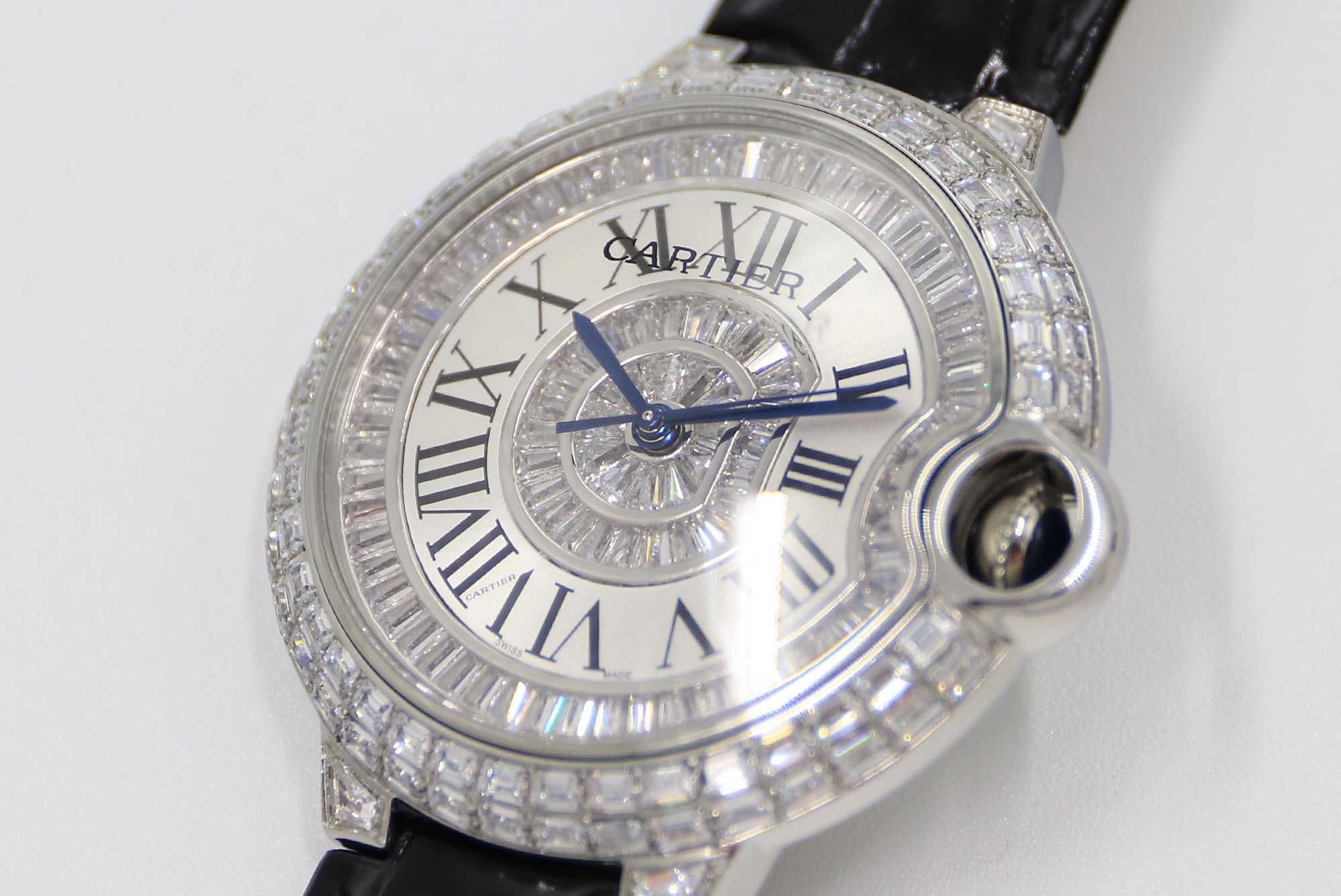 Cartier Blue Balloon Square Diamonds Full Sky Watch-Roman Numerals-White-Leather-42mm(1:1 replica)