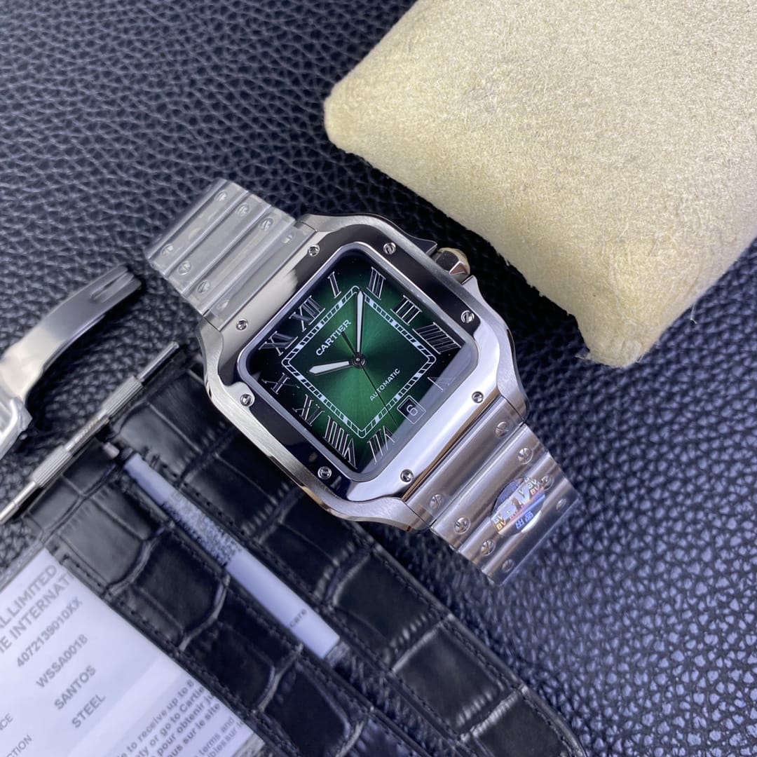 Fake Cartier Watch Santos de Cartier Large Stainless Steel Green Dial WSSA0062 BVF(1:1 replica)