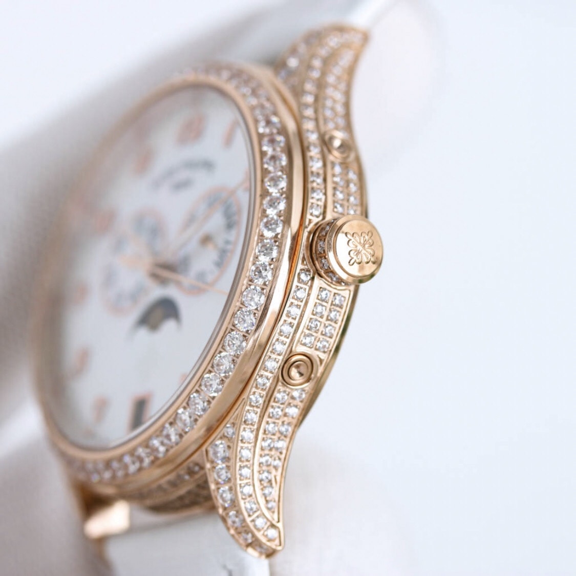 Fake Diamond Watch Patek Philippe Replica 4937R-001 Complications Ladies Annual Calendar Moon Phase 37mm White Mother of Pearl Arabic Rose Gold Diamond Set Leather Date(1:1 replica)