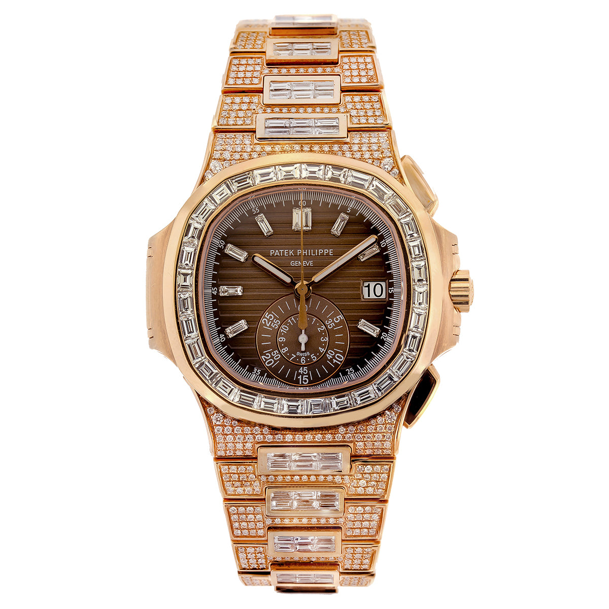 18K Rose Gold Patek Philippe Nautilus 5980/1R 40.5mm Brown Dial 25CT Diamonds(1:1 replica)