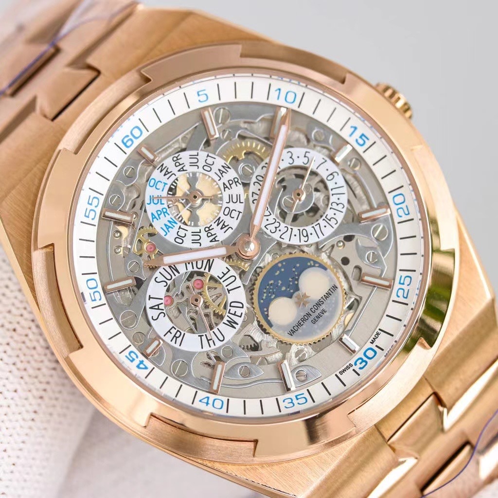 Fake Vacheron Constantin Replica Watch Overseas perpetual calendar ultra-thin skeleton Boutique Exclusive 41.5 MM PINK GOLD 4300V/220R-B547(1:1 replica)