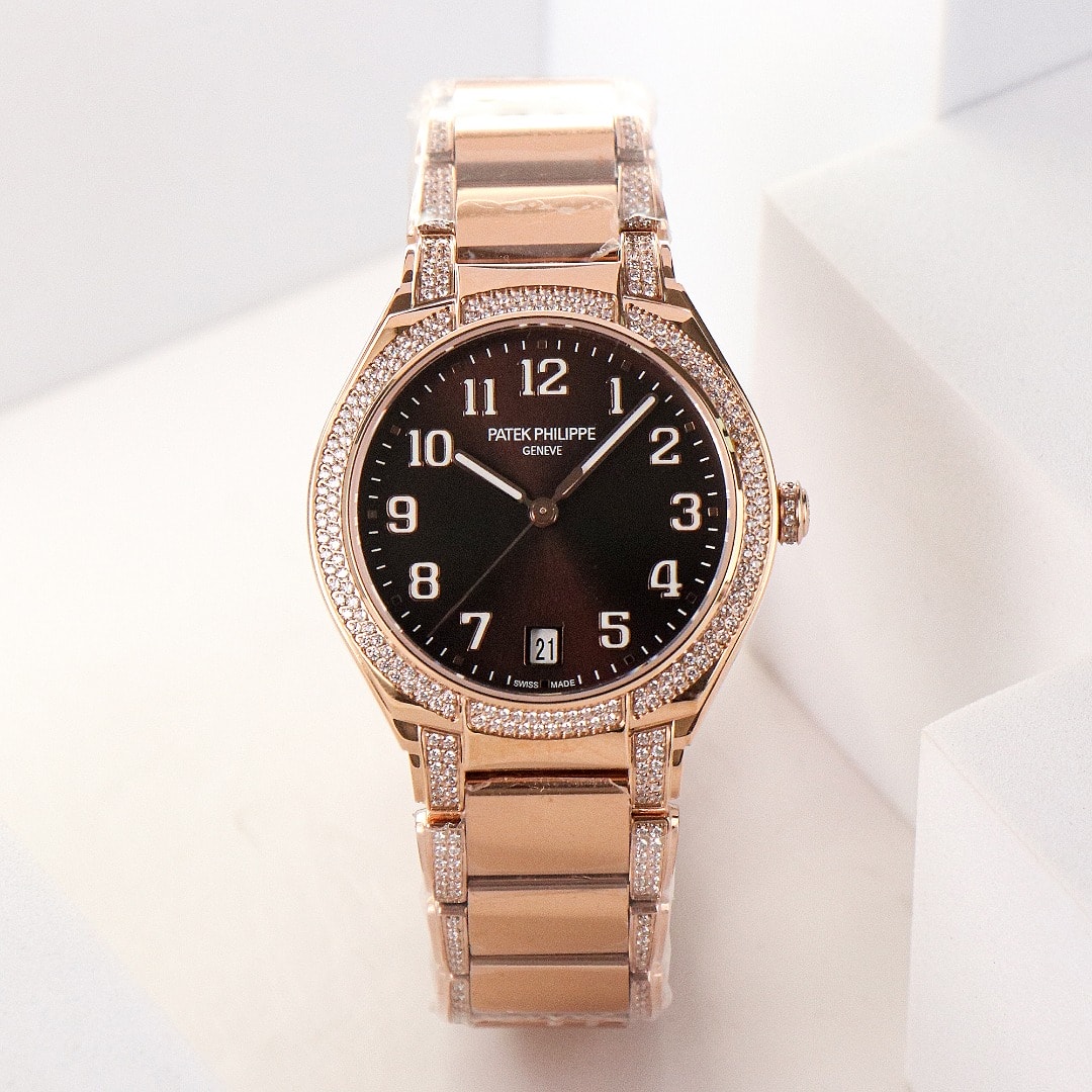 Fake Diamond Watch Replica Patek Philippe Twenty~4 Ladies Rose Gold/Diamonds Brown Dial 7300/1201R-010(1:1 replica)