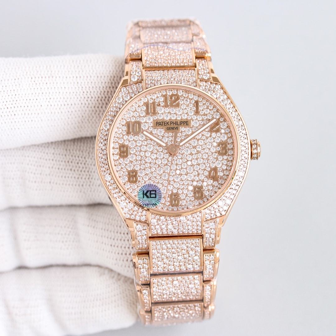 Fake Diamond Watch Replica Patek Philippe Twenty~4 Automatic Haute Joaillerie Rose Gold Diamond Paved Dial & Bracelet 7300/1450R-001(1:1 replica)
