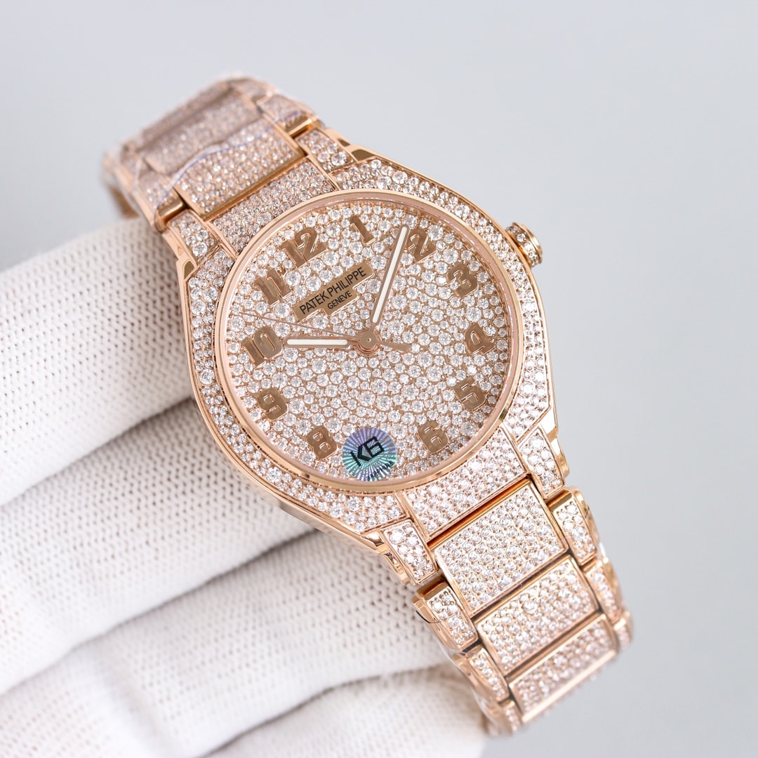Fake Diamond Watch Replica Patek Philippe Twenty~4 Automatic Haute Joaillerie Rose Gold Diamond Paved Dial & Bracelet 7300/1450R-001(1:1 replica)