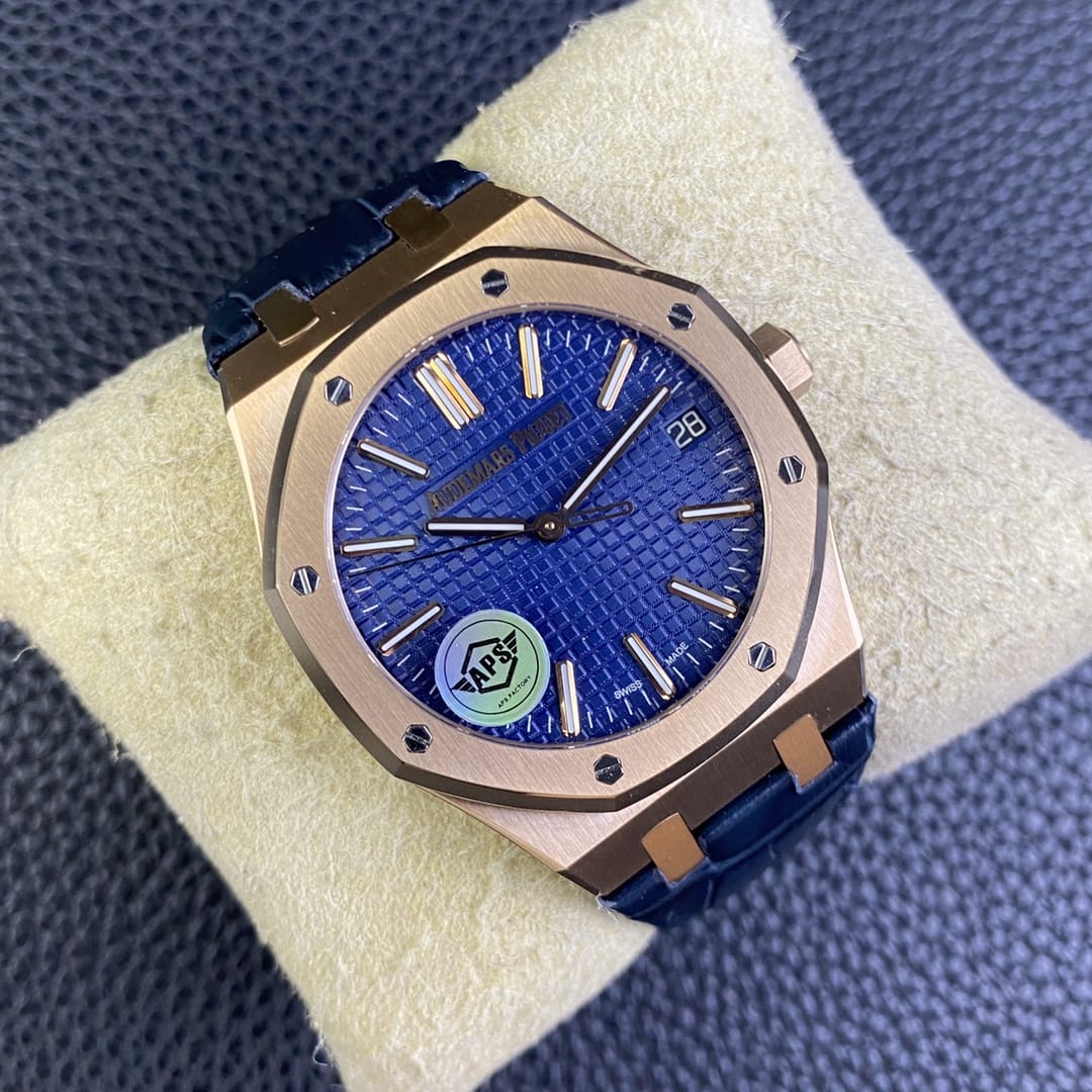 Audemars Piguet Replica AP Watch Royal Oak Selfwinding “50th Anniversary” 41mm Rose Gold Blue Dial Leather Strap 15510OR.OO.D315CR.01-APS(1:1 replica)