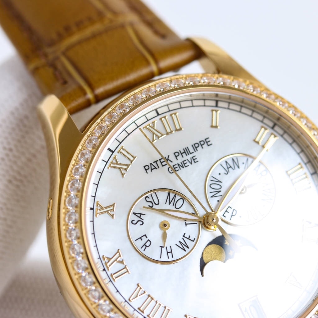 Fake diamond Watch Patek Philippe Replica 4936J-001 Complications Ladies Annual Calendar Moon Phase 37mm White Mother of Pearl Roman Diamond Bezel Yellow Gold Leather Date(1:1 replica)