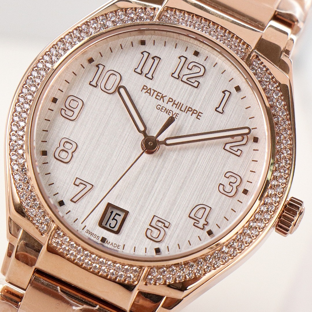 Fake Diamond Watch Replica Patek Philippe Twenty~4 Ladies Rose Gold Silver Dial 7300/1200R-010(1:1 replica)