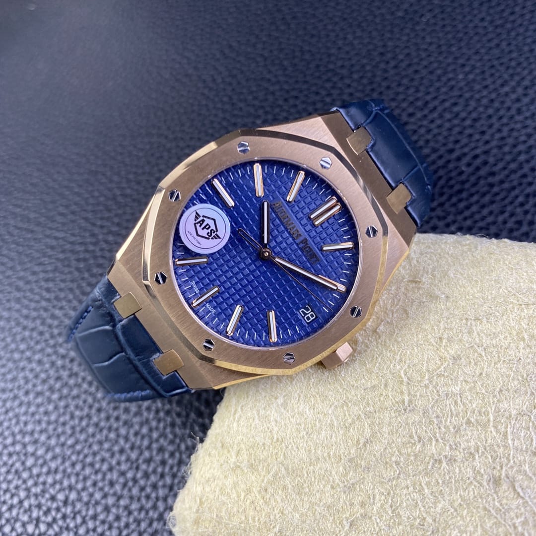 Audemars Piguet Replica AP Watch Royal Oak Selfwinding “50th Anniversary” 41mm Rose Gold Blue Dial Leather Strap 15510OR.OO.D315CR.01-APS(1:1 replica)
