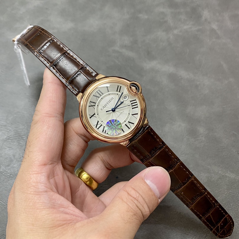 Fake Cartier Watch Ballon Bleu de Rose Gold 42mm Silver Dial Leather Strap WGBB0030 AF(1:1 replica)