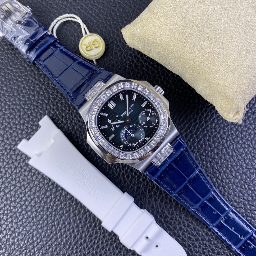 Fake Patek Philippe Replica Watch 5724G-001 Nautilus 40mm Black-Blue Baguette Diamond Bezel Moon Phase Date White Gold Leather Automatic GRF(1:1 replica)