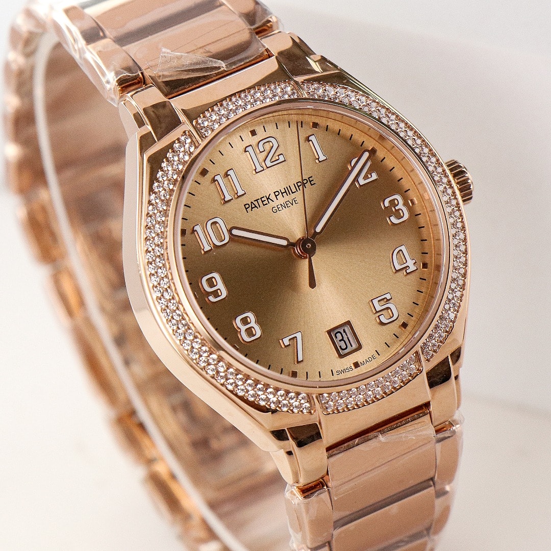 Fake Diamond Watch Replica Patek Philippe Twenty~4 Ladies Rose Gold Brown Sunburst 7300/1200R-001(1:1 replica)