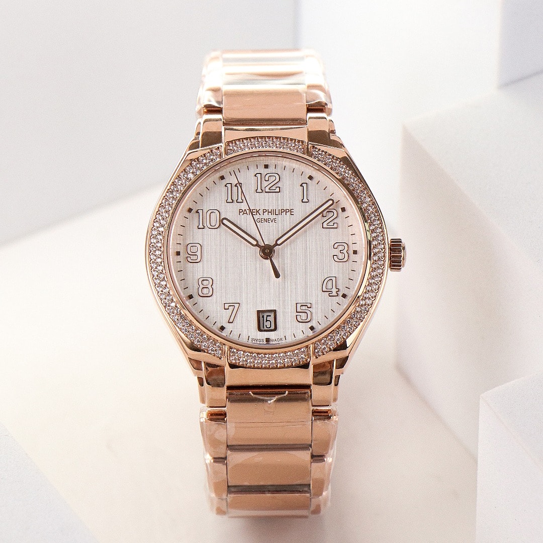 Fake Diamond Watch Replica Patek Philippe Twenty~4 Ladies Rose Gold Silver Dial 7300/1200R-010(1:1 replica)