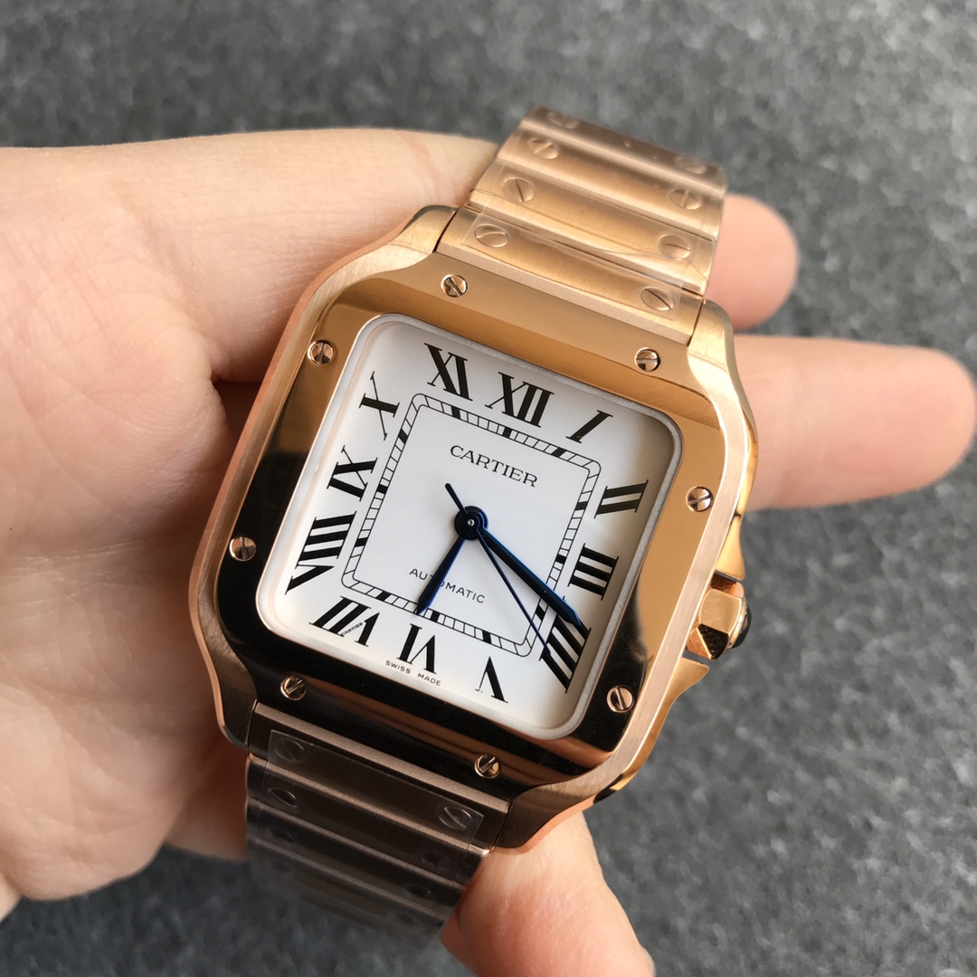 Fake cartier watch Santos large model mechanical movement Silver Dial Rose Gold WGSA0018(1:1 replica)