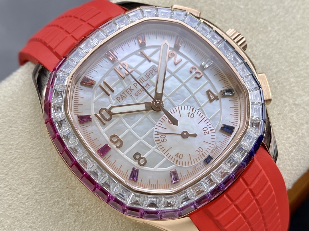 Fake Patek Philippe Replica Watch Aquanaut Luce Rainbow Chronograph Rose Gold Diamond/Gems Mother of Pearl Sapphire 7968/300R-001(1:1 replica)