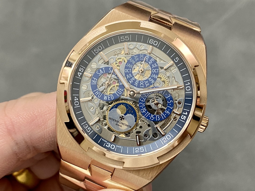 Fake Vacheron Constantin Replica Watch Overseas perpetual calendar ultra-thin skeleton Boutique Exclusive 41.5 MM PINK GOLD 4300V/220R-B642(1:1 replica)
