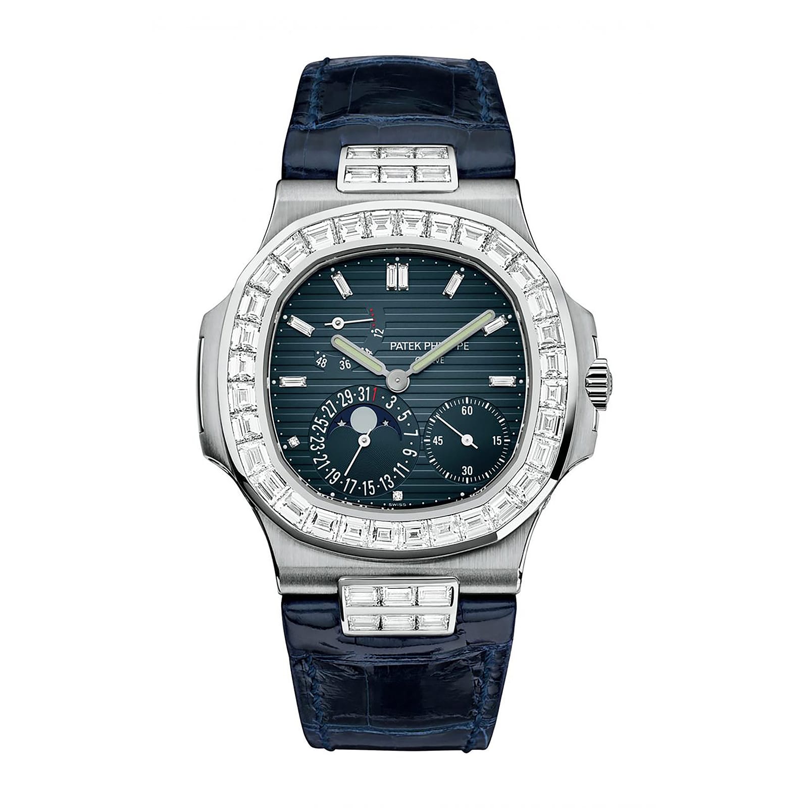 Fake Patek Philippe Replica Watch 5724G-001 Nautilus 40mm Black-Blue Baguette Diamond Bezel Moon Phase Date White Gold Leather Automatic GRF(1:1 replica)