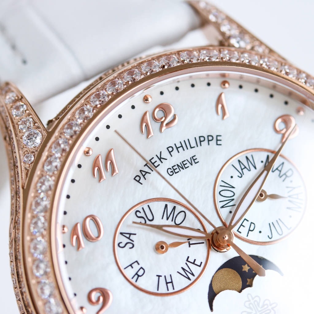 Fake Diamond Watch Patek Philippe Replica 4937R-001 Complications Ladies Annual Calendar Moon Phase 37mm White Mother of Pearl Arabic Rose Gold Diamond Set Leather Date(1:1 replica)