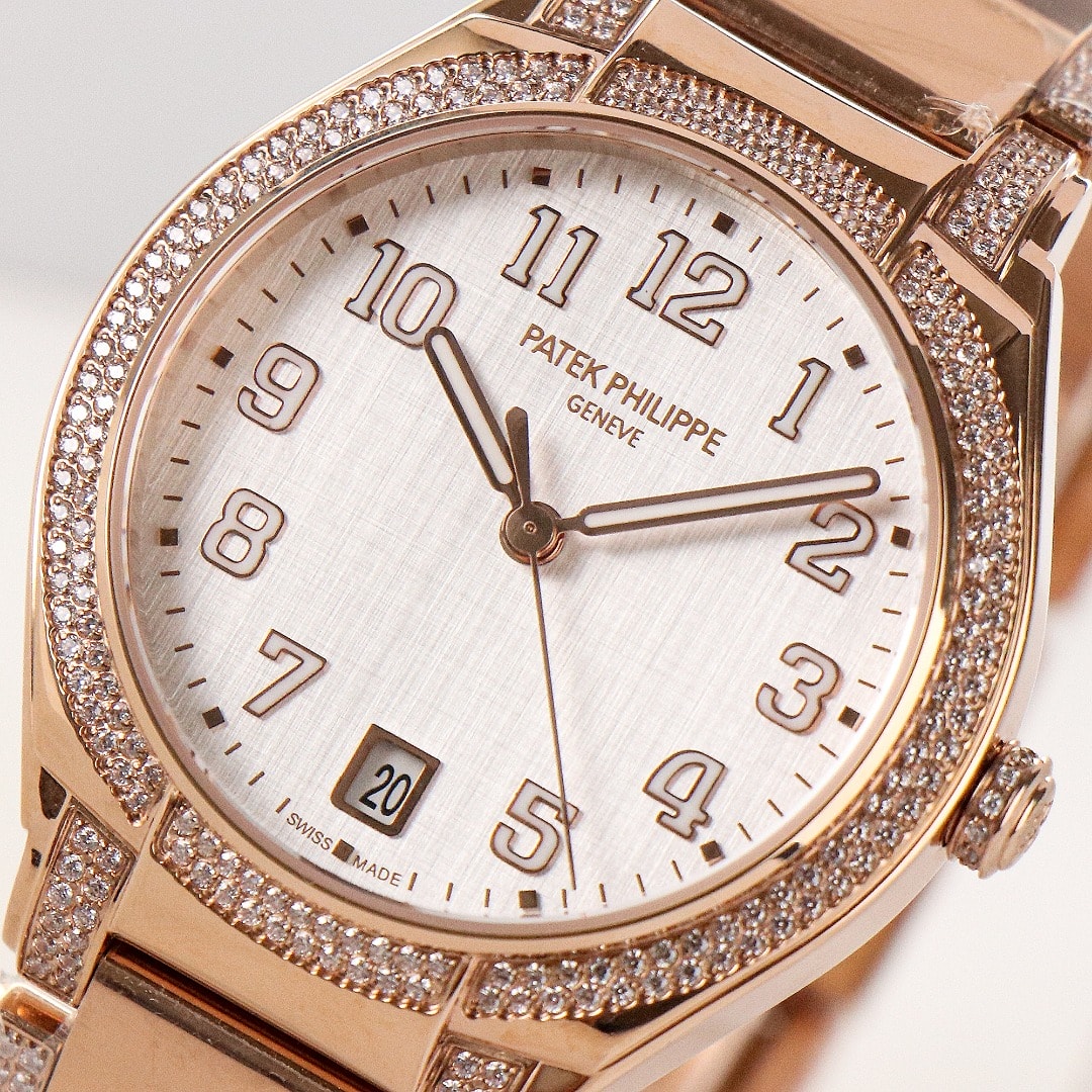 Fake Diamond Watch Replica Patek Philippe Twenty~4 Ladies Rose Gold Silver Dial 7300/1201R-001(1:1 replica)