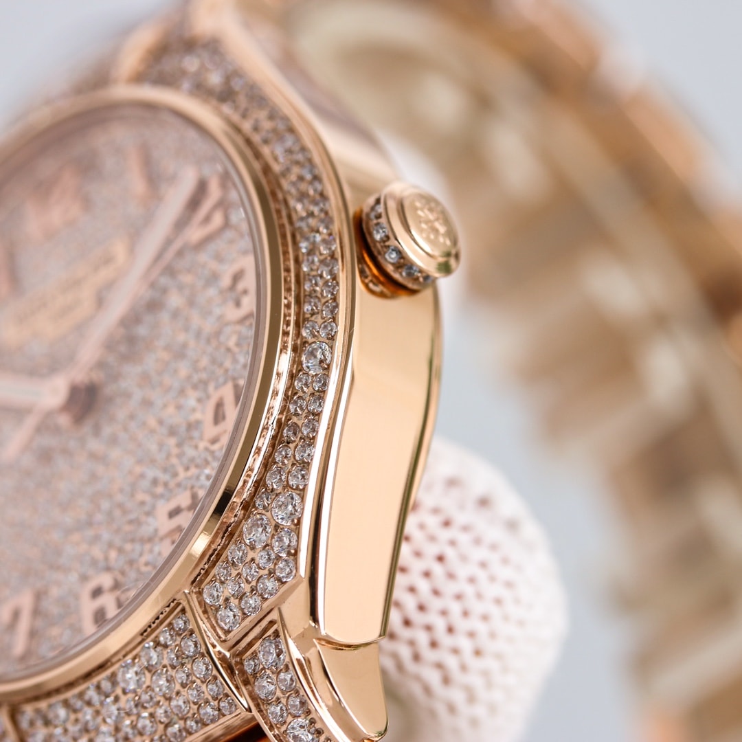 Fake Diamond Watch Replica Patek Philippe Twenty~4 Automatic Haute Joaillerie Rose Gold Diamond Paved Dial & Bracelet 7300/1450R-001(1:1 replica)