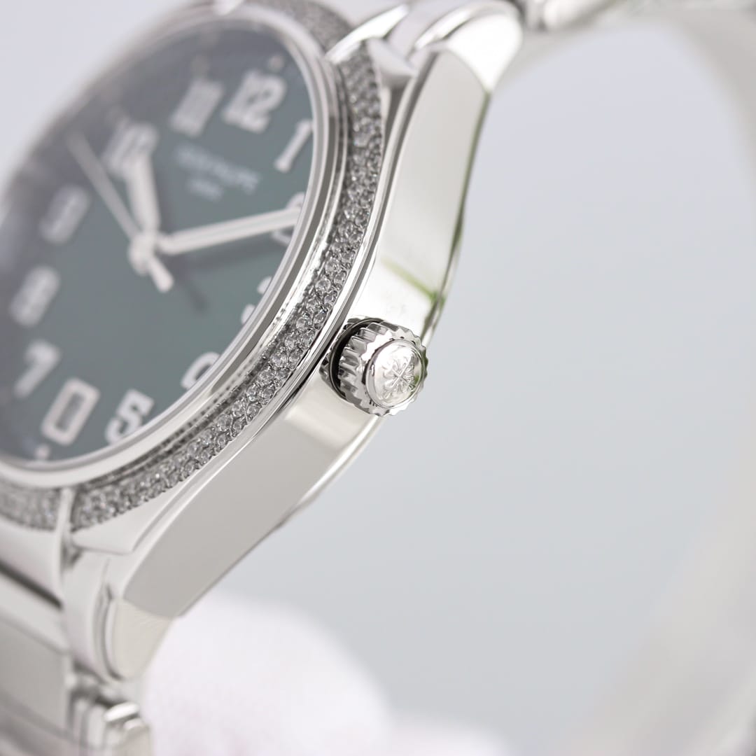 Fake Diamond Watch For Women Patek Philippe Replica Twenty~4 Ladies Stainless Steel Olive Green Dial 7300/1200A-011(1:1 replica)