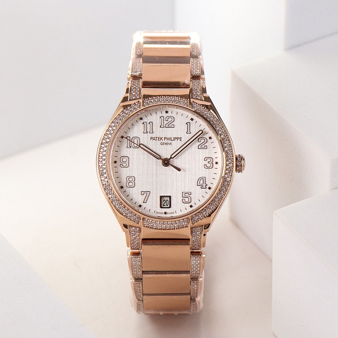 Fake Diamond Watch Replica Patek Philippe Twenty~4 Ladies Rose Gold Silver Dial 7300/1201R-001(1:1 replica)