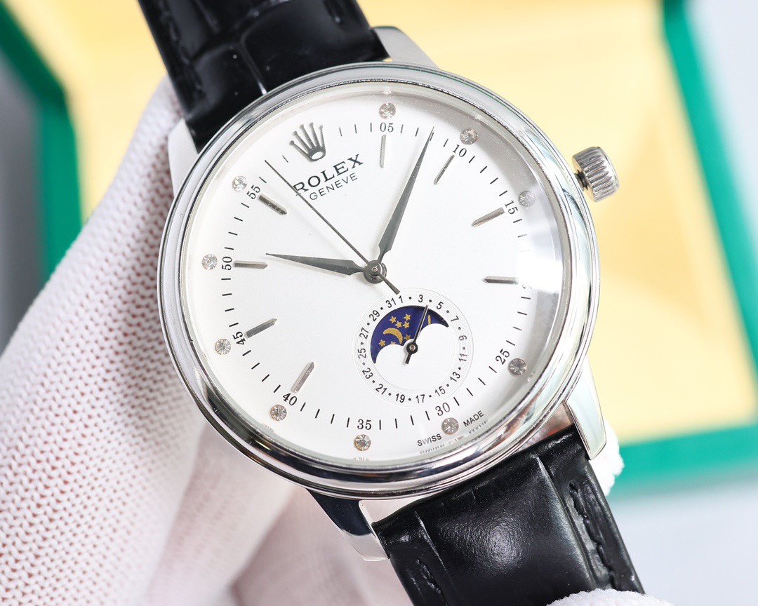Rolex👑 Cellini Moonphase-40mm-Leather-White(1:1 replica)