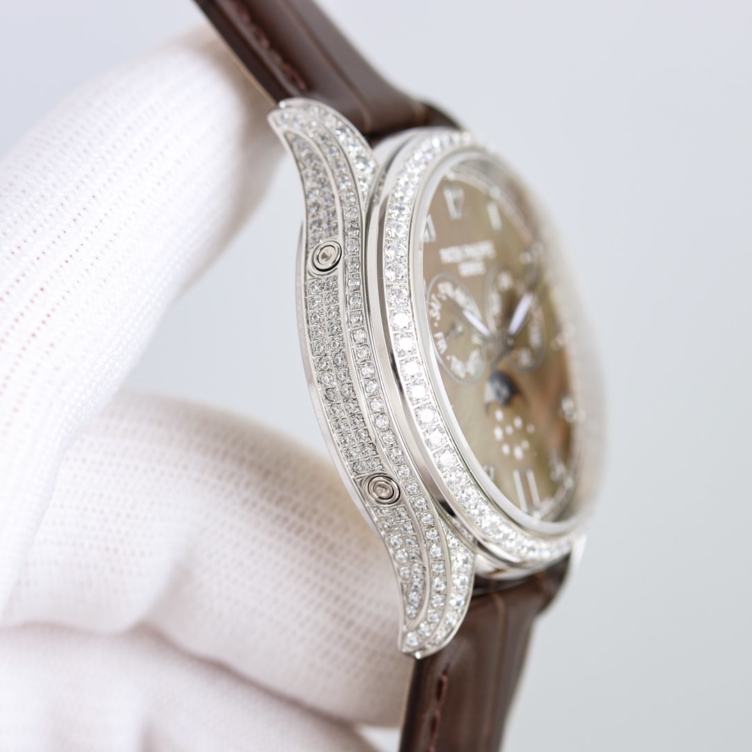 Fake Patek Philippe Replica Watch 4948G-001 Complications Ladies Annual Calendar Moon Phase 38mm Black Tahitian Mother of Pearl Arabic White Gold Diamond Set Leather(1:1 replica)