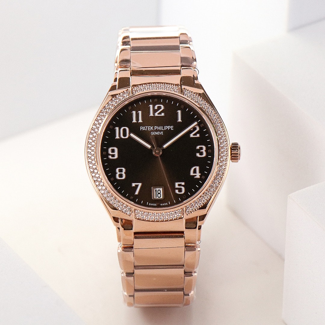 Fake Diamond Watch Replica Patek Philippe Twenty~4 Ladies Rose Gold Brown Sunburst 7300/1200R-001(1:1 replica)
