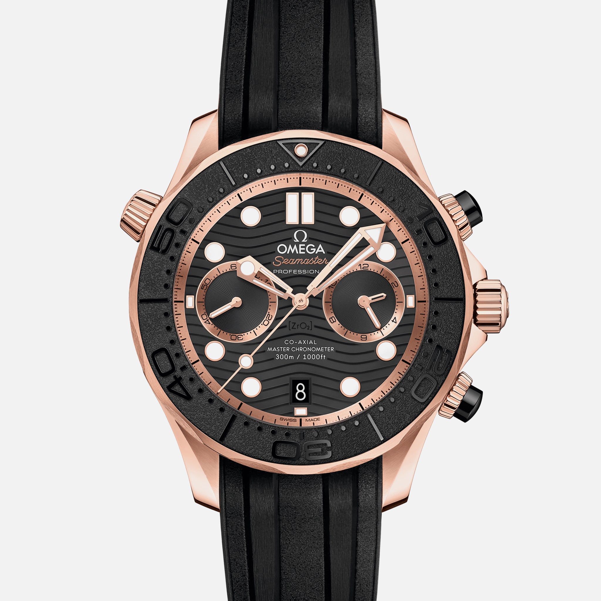 Seamaster Diver 300M Co-Axial Master Chronometer Chronograph 44mm Sedna Gold Black Dial On Rubber Strap(1:1 replica)