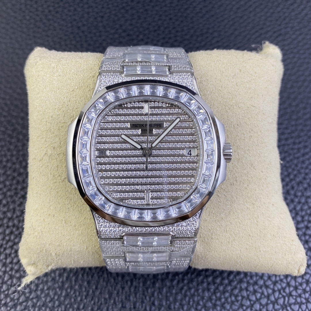 Fake diamond watch Patek Philippe Replica Nautilus Date Sweep Seconds White Gold/Diamonds Dial & Bezel 5719/10G-010 TWF(1:1 replica)