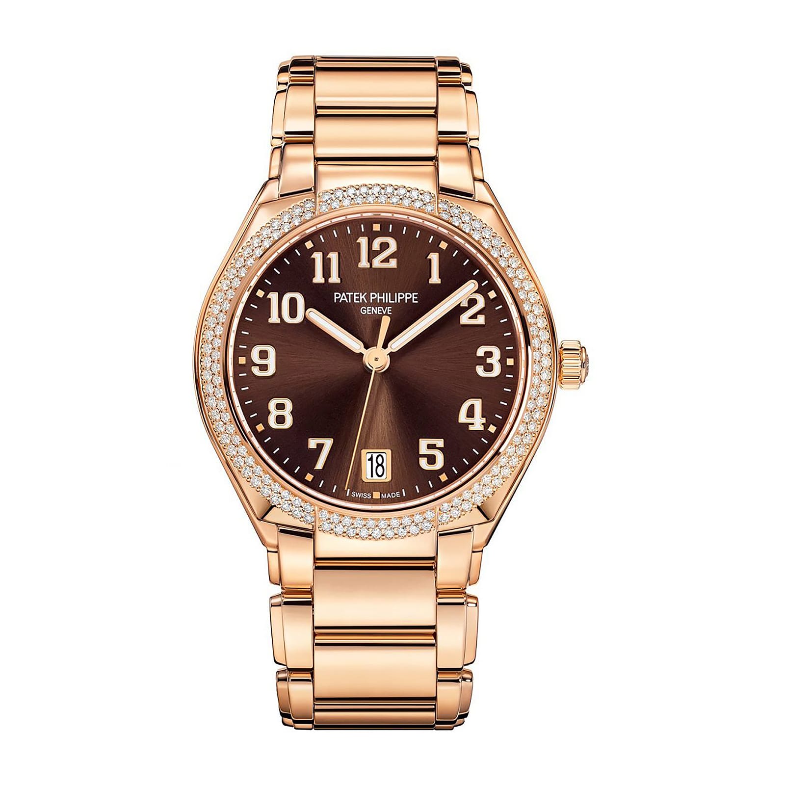 Fake Diamond Watch Replica Patek Philippe Twenty~4 Ladies Rose Gold Brown Sunburst 7300/1200R-001(1:1 replica)