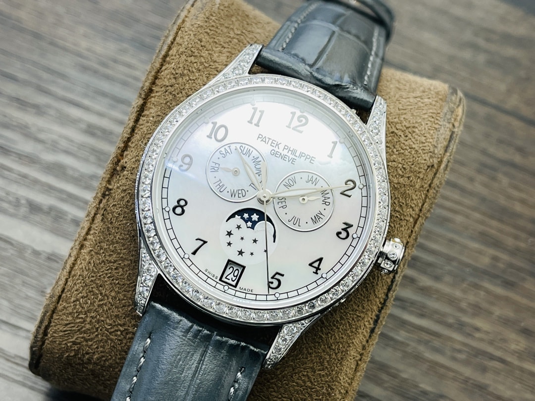 Fake Diamond Watch Patek Philippe Replica Complications Annual Calendar Moon Phases White Gold White Mother of Pearl Dial 38mm Diamond Bezel 4948G-010(1:1 replica)