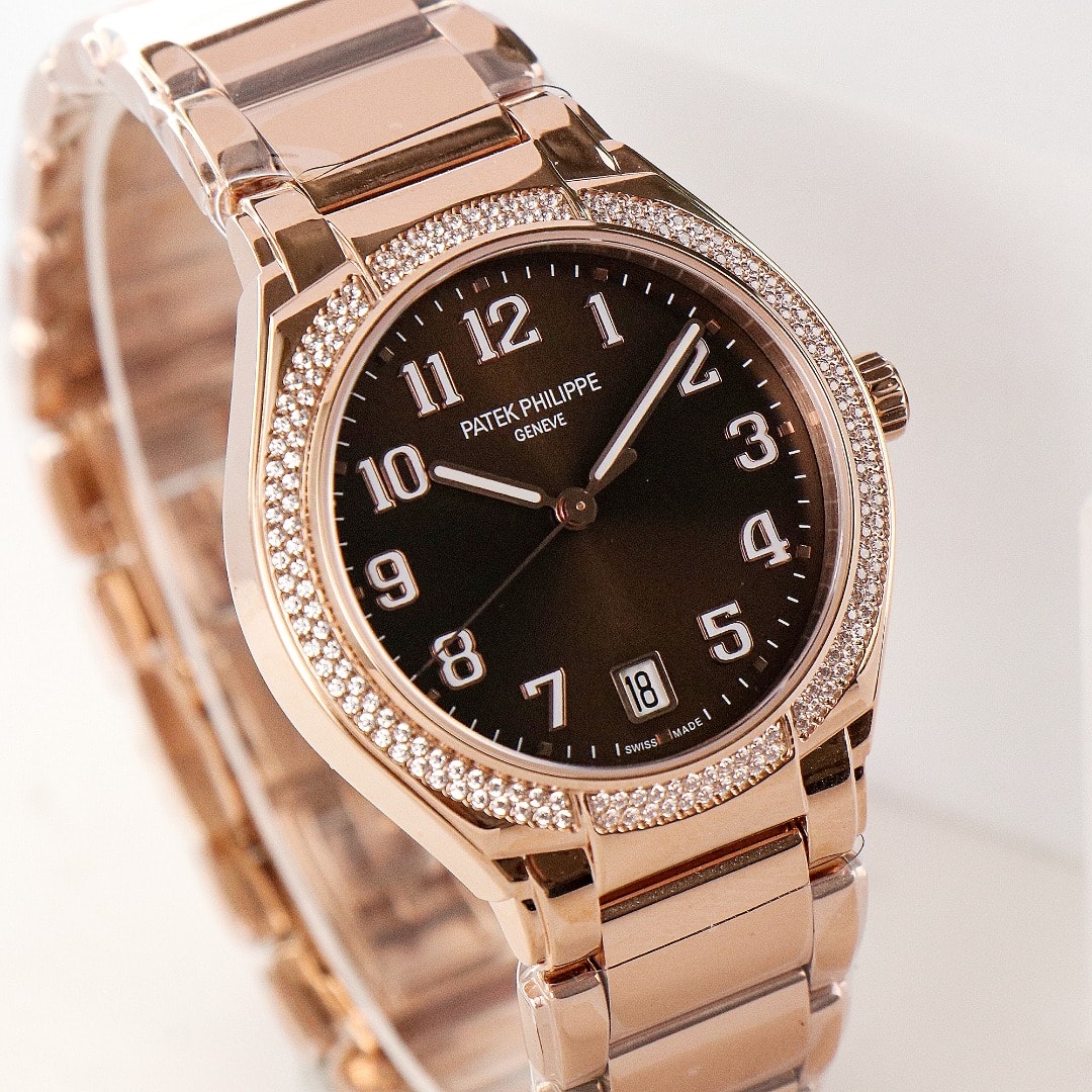 Fake Diamond Watch Replica Patek Philippe Twenty~4 Ladies Rose Gold Brown Sunburst 7300/1200R-001(1:1 replica)