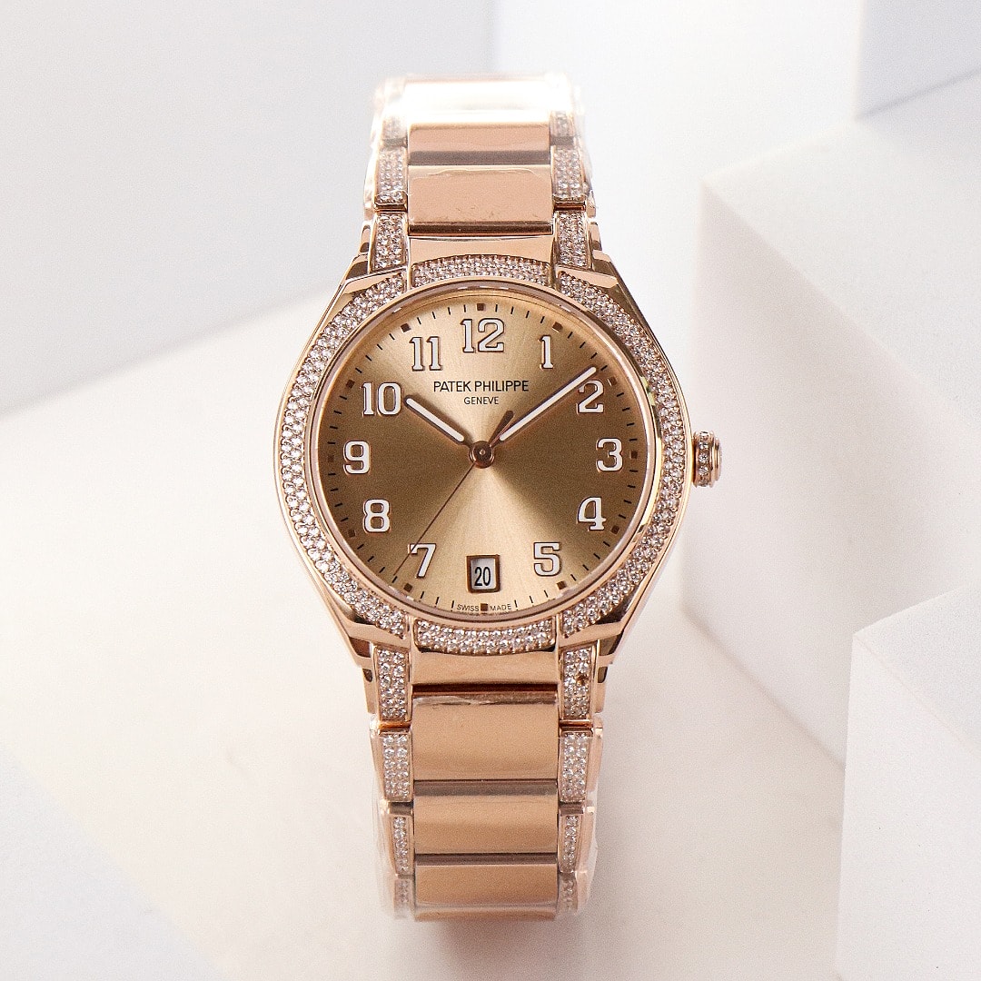 Fake Diamond Watch Replica Patek Philippe Twenty~4 Ladies Rose Gold/Diamonds Brown Dial 7300/1201R-010(1:1 replica)